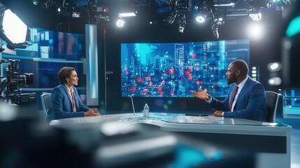 Two news anchors are sharing insights in a contemporary broadcasting studio, featuring a glowing city skyline behind them. Generative AI