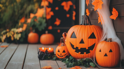 Halloween-themed porch with pumpkins, spooky cobwebs, and flickering lanterns, casting a haunting glow on the house