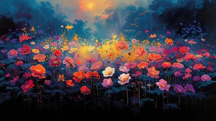 Poster - Vibrant Sunset Meadow: A Dreamy Landscape Painting