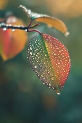 Canvas Print - Dew drops on colorful autumn leaf with blurred background, nature macro photography