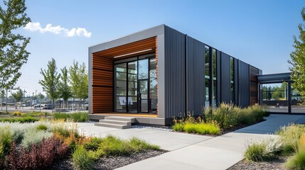 Exterior of a modern warehouse with a small office unit, featuring contemporary design, large windows, and metal siding, highlighting a professional and organized business environment