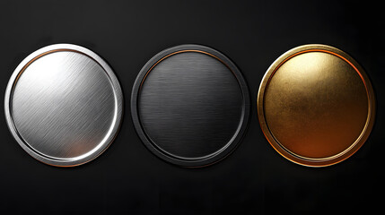 Three circular metallic plates in silver, bronze, and gold colors placed on a black background showing distinct textures and finishes
