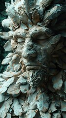 Wall Mural - Stone Face with Leaves and Feathers: A Surreal Digital Sculpture