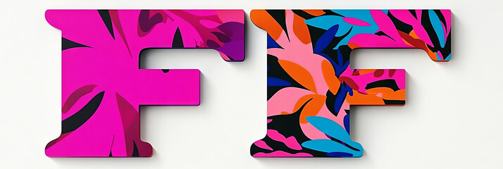 Sticker - Two vibrant 'F' letters with a floral pattern in pink, orange, blue, and black, arranged on a white background.