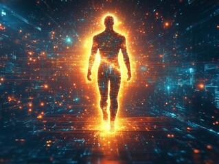 Canvas Print - Human figure, man silhouette, energy that releases from the body, power. Integration of artificial intelligence and human beings, exploitation of potential. Ai generative