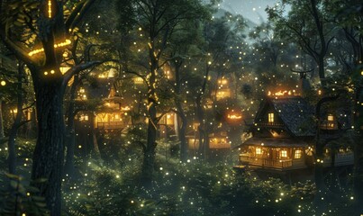 Luminescent Treetop Village: Sparkling Firefly Retreat, 4K hyperrealistic photo