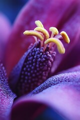 Poster - Macro shot of a vibrant purple flower stamen with pollen and yellow anthers.