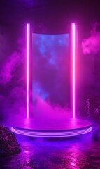 Wall Mural - 4. **cyberpunk galaxy stage:** depict a vibrant podium with a galaxy theme, framed by neon lights in