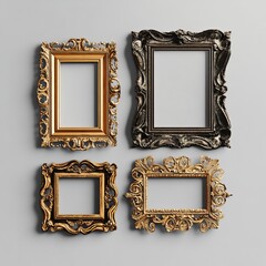 Four ornate picture frames, two gold and two bronze, display exquisite baroque-style craftsmanship against a neutral background.