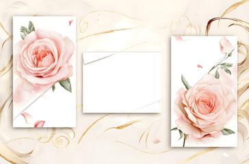 Wall Mural - Three pieces of white, open, and closed paper cards with pink roses on the edges. One card is empty for writing in the center design, with golden swirls around a digital background design