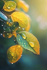 Sticker - Closeup of Dew Drops on Yellow Leaves in Autumn