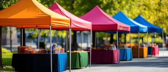 Colorful street market with vibrant canopies, neatly arranged stalls, and a sunny, lively vibe