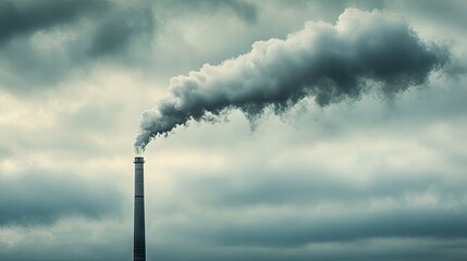 A factory chimney emitting smoke into a cloudy sky. The industrial setting contrasts with nature, as smoke spreads and blends into the overcast atmosphere.