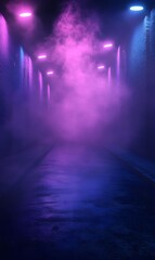 Wall Mural - 11. A captivating interior texture of a dark street with an asphalt floor, featuring vibrant neon lights and spotlights, enveloped in soft smoke, providing a unique setting for product presentation