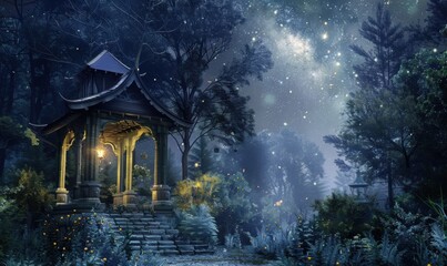 Mystical forest shrine under starlight, 4K hyperrealistic photo