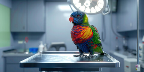 A colorful pet bird in a vet's office, perched on a stainless steel table, under bright medical lights.