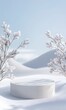 © Mr image - 1. A serene scene featuring an empty podium on a pristine winter snow background, creating a minimalist mock-up placement for showcasing cosmetic products in a fashion advertisement