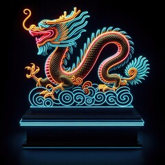 Wall Mural - A Beautiful chinese dragon on a black background. 3D rendering. Neon lights