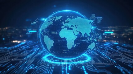 a glowing blue digital globe on a futuristic circuit board, representing global connectivity and tec