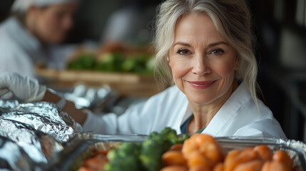 Smiling female chef preparing vegetables in a professional hospital kitchen