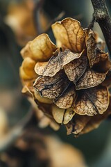 Wall Mural - Close up of dried, seed pod, brown and beige color with blurred green background. Macro photo of nature.