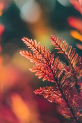 Sticker - Closeup of red fern frond with blurred colorful background.