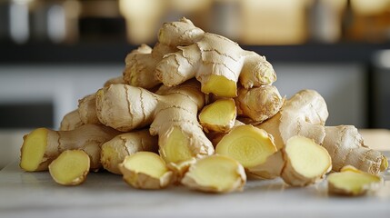 Wall Mural - A pile of fresh ginger roots on a white surface. Some of the roots are cut into slices, revealing the pale yellow flesh.