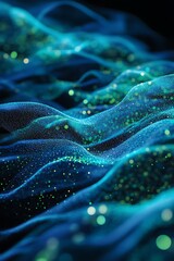 Aufkleber - A mesmerizing abstract image featuring flowing waves of blue and green hues, adorned with shimmering particles that create a sense of depth and motion.