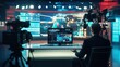 © Анатолий Сав - A television presenter engages with news updates in a high-tech studio, featuring numerous screens and broadcast equipment. Generative AI