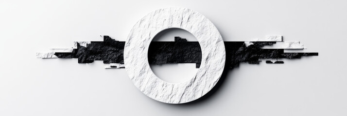 Abstract monochrome art featuring a white circular form with a black textured line.