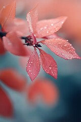 Sticker - Close up of pink leaves with dew drops. Water drops on leaves, macro photography, nature abstract, plant texture, pink foliage