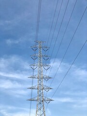 The blue sky with clouds and electric poles.