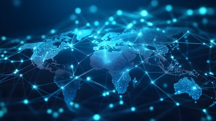 Global network connection visualized through a world map with point and line composition