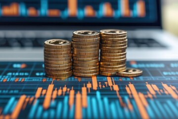 Close-up of stacked coins over a financial chart, symbolizing investment, growth, and economic analysis in a digital workspace.