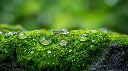 Poster - Dewdrops glisten on lush green moss, showcasing nature's beauty and the intricate details of the ecosystem in a vibrant macro setting.