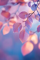 Wall Mural - Close up of delicate pink and orange leaves on a branch with soft, blurred background