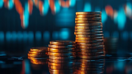Poster - A stack of shiny coins reflects market trends, symbolizing wealth and financial growth against a blurred background of rising charts.
