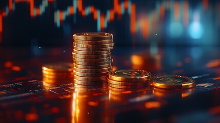 Poster - A close-up of golden coins stacked strategically, with a backdrop of fluctuating stock market graphs, symbolizing wealth and investment.
