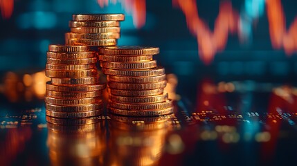 Poster - A close-up of stacked golden coins against a backdrop of fluctuating financial graphs, symbolizing investment and cryptocurrency trends.