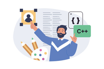 Fototapete - Design development concept in modern flat design for web. Man creating homepage template, coding and programming, placing text and content, brainstorming and finding improvement. Vector illustration.