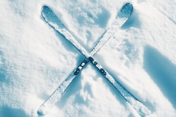 Poster - A pair of skis lies crossed atop untouched snow, evoking the exhilarating spirit of winter sports at a mountain resort. Generative AI