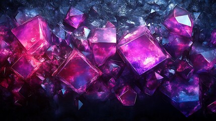 Poster - A vibrant mosaic of purple and pink crystals, reflecting light in a dazzling display against a dark background, creating an enchanting, otherworldly atmosphere.