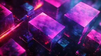Poster - A vibrant, abstract digital scene featuring glowing blocks in purple and blue hues, set against a cosmic background.