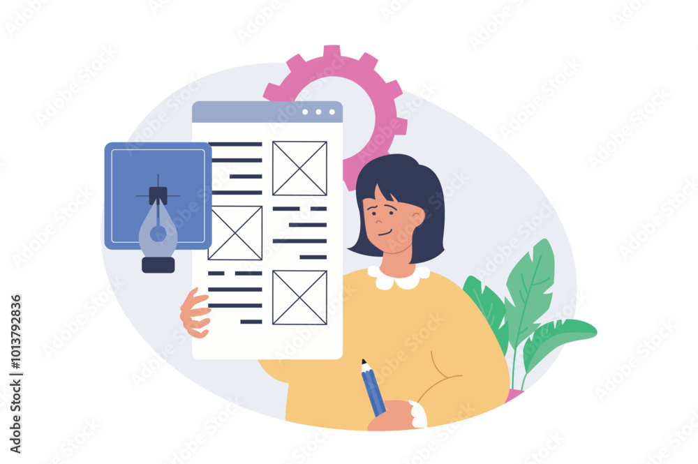 Design development concept in modern flat design for web. Woman ...