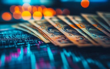 Poster - A close-up view of Australian banknotes on a digital trading platform background, showcasing the intersection of finance and technology.