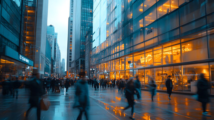 busy city street evening rush hour tall glass buildings People walking architecture center downtown urban modern design travel tourist life commercial building