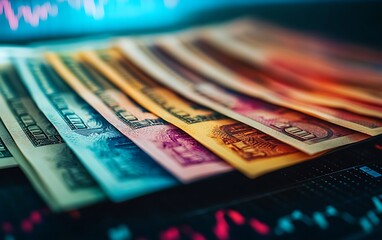 Poster - A close-up view of colorful banknotes arranged in a row, with a blurred background featuring financial graphs and data.