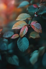 Wall Mural - Closeup of vibrant green and red leaves with blurred background, nature photography