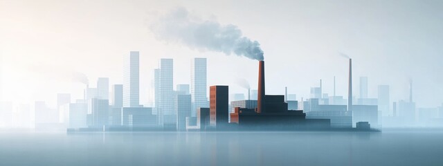 Minimalist industrial skyline featuring sleek factory silhouettes, prominent smokestacks, urban simplicity, modern aesthetic