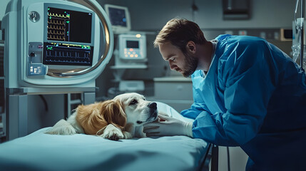 Sticker - A man in a blue lab coat is examining a dog in a hospital room